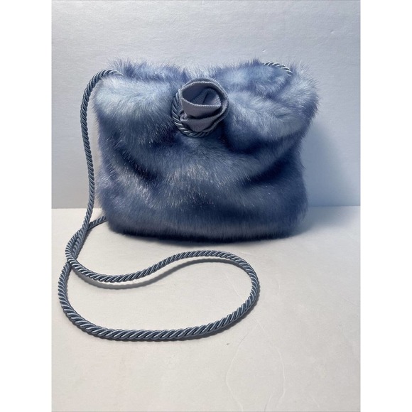 Rothschild Blue Faux Fur Purse Bag Wool Flower Loop Cord Closure Fuzzy - Picture 1 of 7